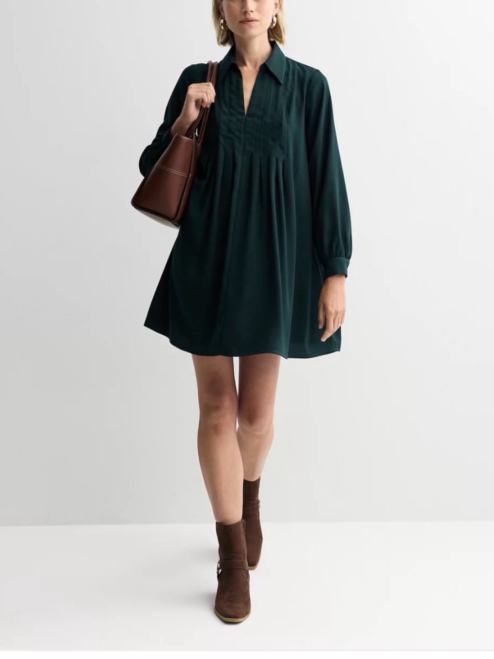 Nine West Dark Green Pintuck Mini Dress. Size Small